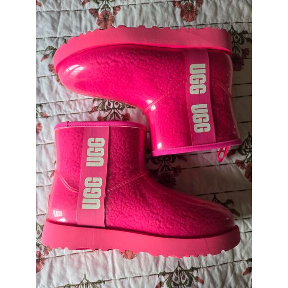 UGG Barbie-Core Women's Clear Mini Hot Pink Slip on Waterproof Boot Size 7 - Picture 1 of 9